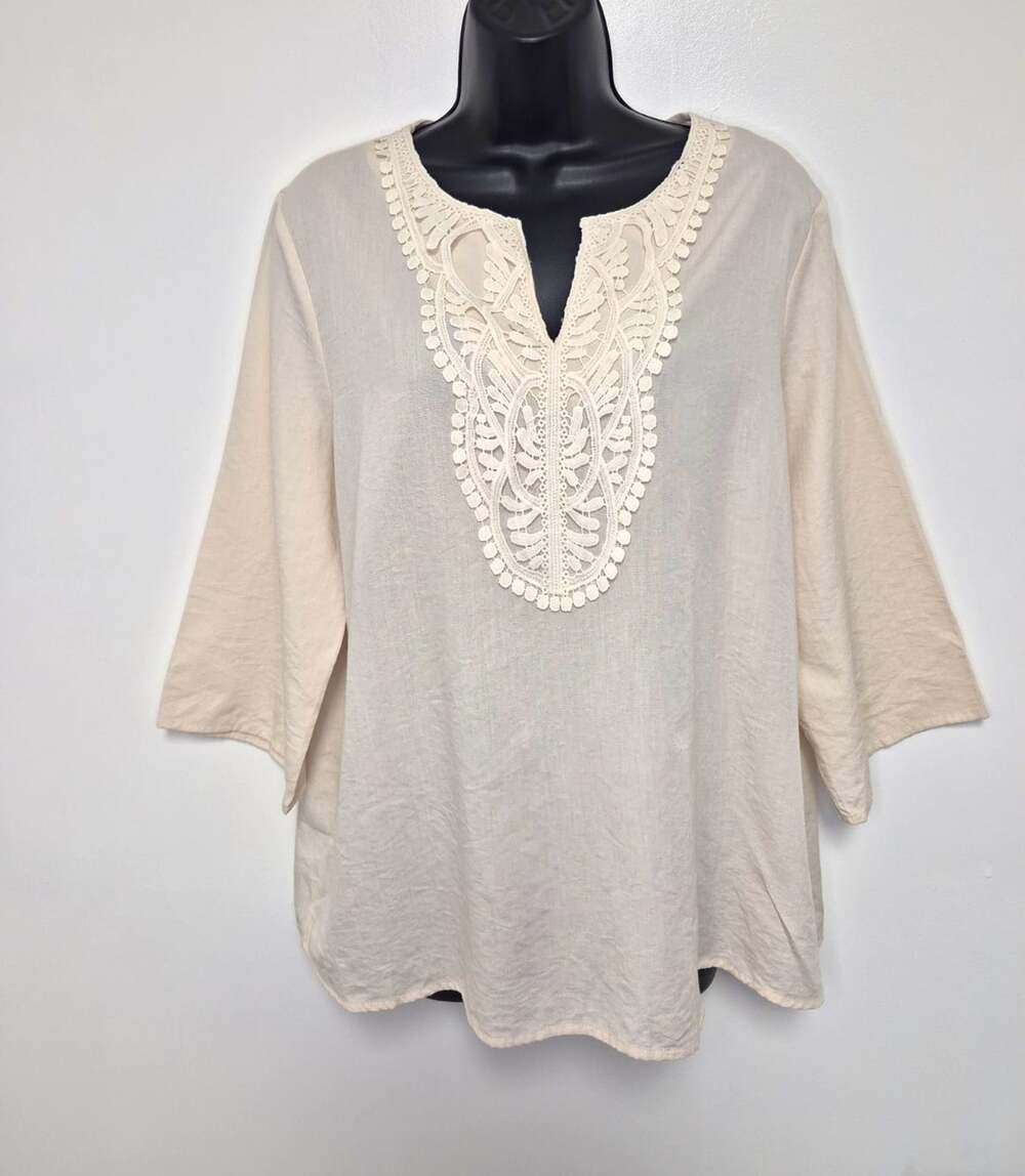 Evaless Cotton Blend Crochet Edwardian Boho Tunic Top sz L